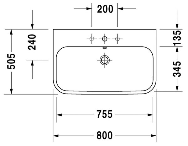 Duravit Happy D.2 - Umývadlo s prepadom 800x505 mm, bez otvoru pre batériu, biela 2318800060