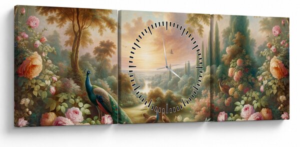 Obraz - Pávy v záhrade (s hodinami) (90x30 cm)