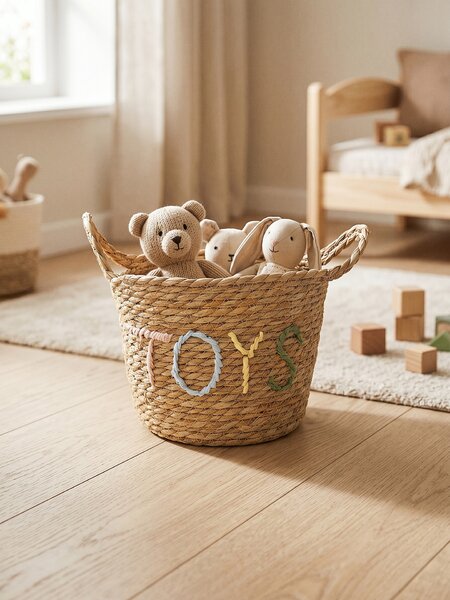 Sinsay - Pletený úložný kôš s nápisom „Toys“ - béžová