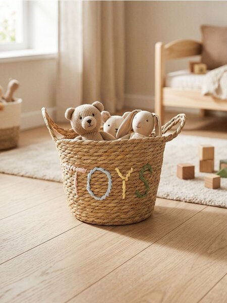 Sinsay - Pletený úložný kôš s nápisom „Toys“ - béžová