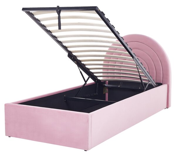Posteľ s úložným priestorom ružová zamatová čalúnená 90 x 200 cm minimalistický retro dizajn zaoblené čelo postele