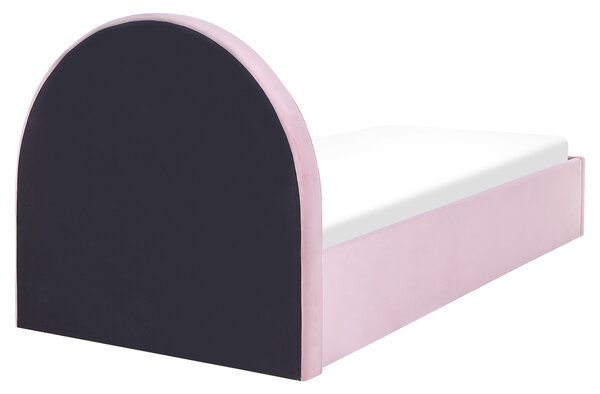 Posteľ s úložným priestorom ružová zamatová čalúnená 90 x 200 cm minimalistický retro dizajn zaoblené čelo postele