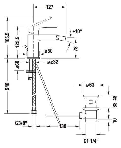 Duravit B.1 - Bidetová batéria s odtokovou súpravou, chróm B12400001010