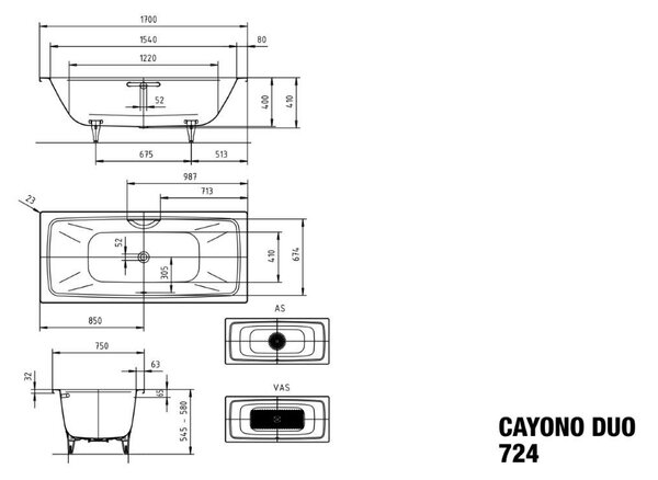 Kaldewei Cayono Duo - Vaňa na zabudovanie 1700x750 mm, alpská biela 272400010001