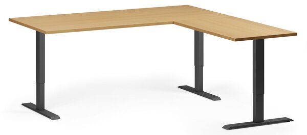 Výškovo nastaviteľný stôl, 180x180 cm, 3 motory, L/P, čierna podnož, buk