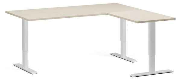 Výškovo nastaviteľný stôl, 180x160 cm, 3 motory, L/P, biela podnož, breza