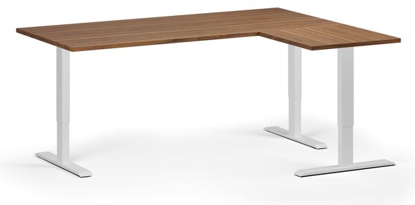 Výškovo nastaviteľný stôl, 180x140 cm, 3 motory, L/P, biela podnož, orech