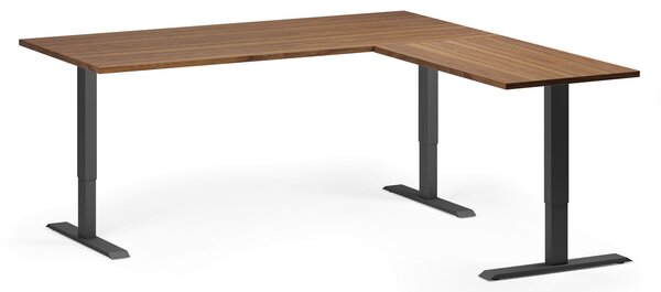 Výškovo nastaviteľný stôl, 180x180 cm, 3 motory, L/P, čierna podnož, orech