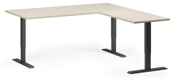 Výškovo nastaviteľný stôl, 180x180 cm, 3 motory, L/P, čierna podnož, breza