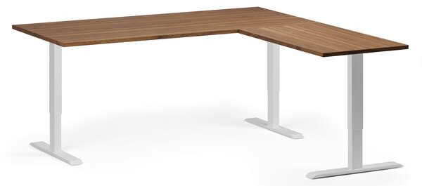 Výškovo nastaviteľný stôl, 180x180 cm, 3 motory, L/P, biela podnož, orech