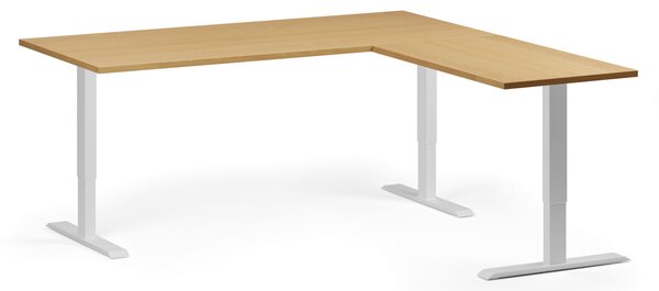 Výškovo nastaviteľný stôl, 180x180 cm, 3 motory, L/P, biela podnož, buk