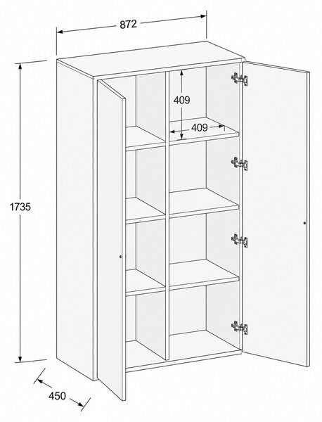 Kancelárska skriňa FRAME, 2x dvere, 872 x 450 x 1735 mm, PUSH-lock, orech