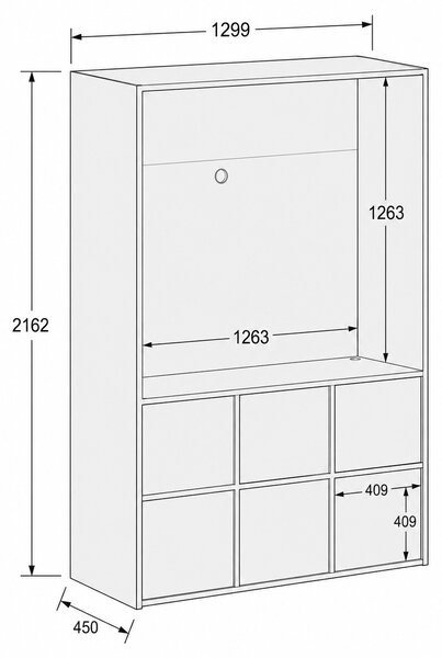 Kancelárska skriňa FRAME, 6x dvere, priestor pre TV, 1299 x 450 x 2162 mm, PUSH-lock, orech
