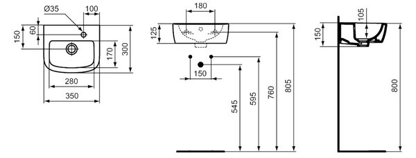 Ideal Standard Tempo - Umývadielko 350x300 mm, otvor vpravo, s prepadom, biela T059701