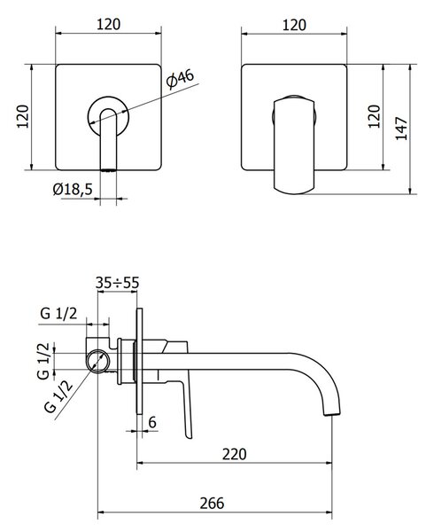 Teorema Edge- Umývadlová batéria pod omietku, komplet, výtok 220 mm, výpusť CLICK chróm 8E318