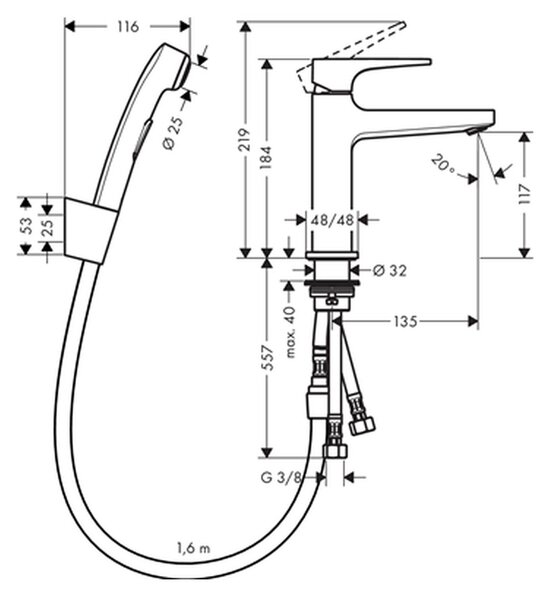 Hansgrohe Metropol - Umývadlová batéria s ručnou sprchou Bidette a hadicou 160 cm, chróm 32522000