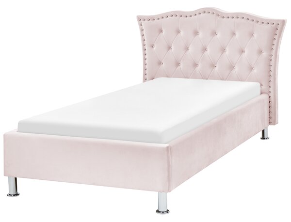 Posteľ ružová zamatové čalúnenie 90 x 200 cm prešívané čelo s gombíkmi moderný glamour štýl spálňa