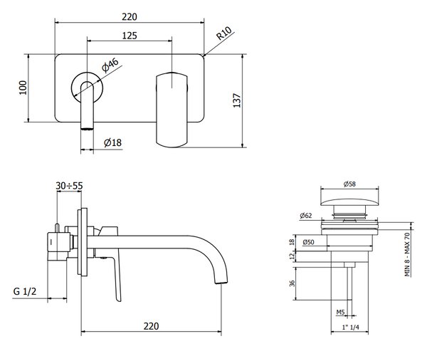 Teorema Edge- Umývadlová batéria pod omietku, komplet, výtok 220 mm, výpusť CLICK chróm 8E312