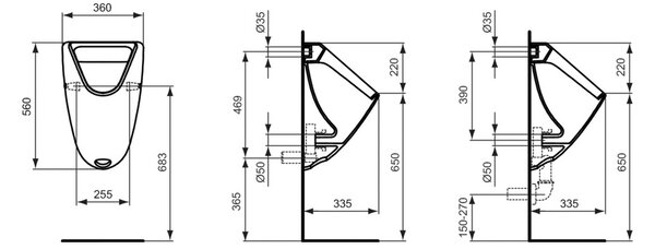 IS + P 1 - Pisoár Ideal Standard s radarovým splachovaním, napájanie 24 V, biela lesklá