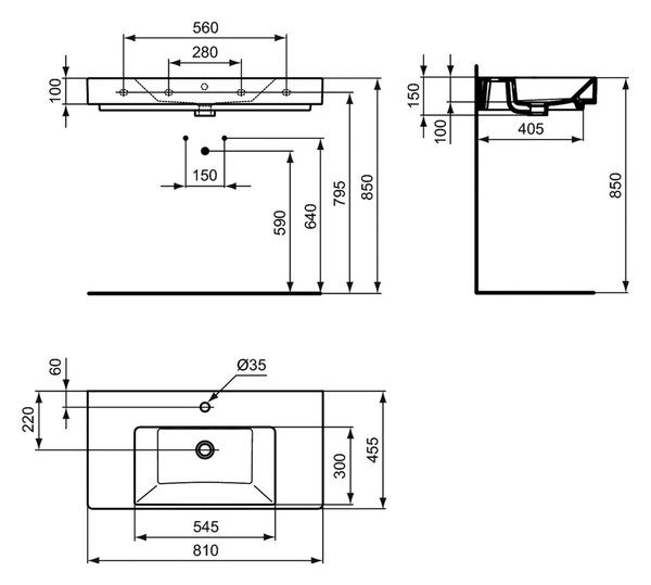 Ideal Standard Strada - Nábytkové umývadlo 810x455 mm, glazovaná spodná strana, s prepadom, biela K081001