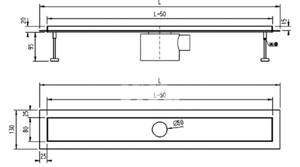 Sprchový žľab CLASSIC K STENE s horizontálnou a vertikálnou prírubou, 60 cm