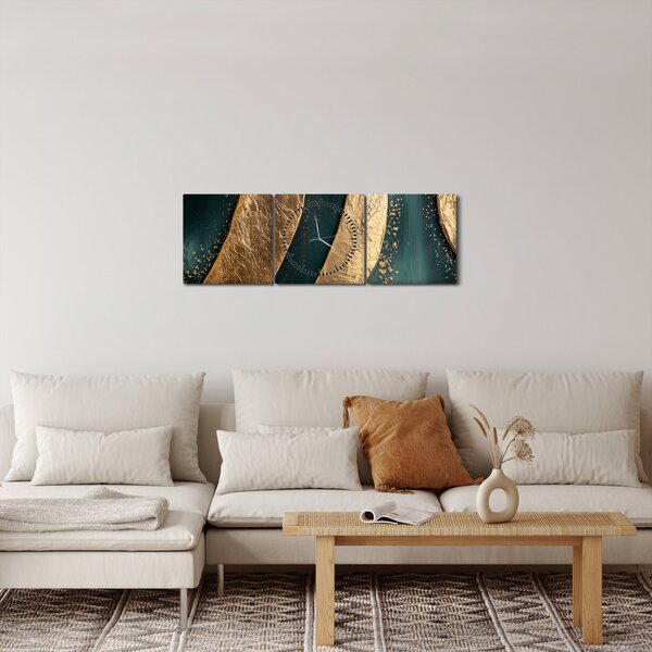 Obraz - Zelená abstrakcia so zlatom I. (s hodinami) (90x30 cm)