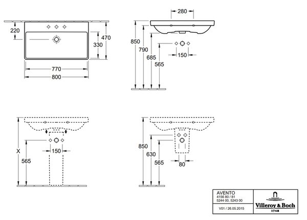 Villeroy & Boch Avento - Umývadlo 800x470 mm, s prepadom, alpská biela 41568001