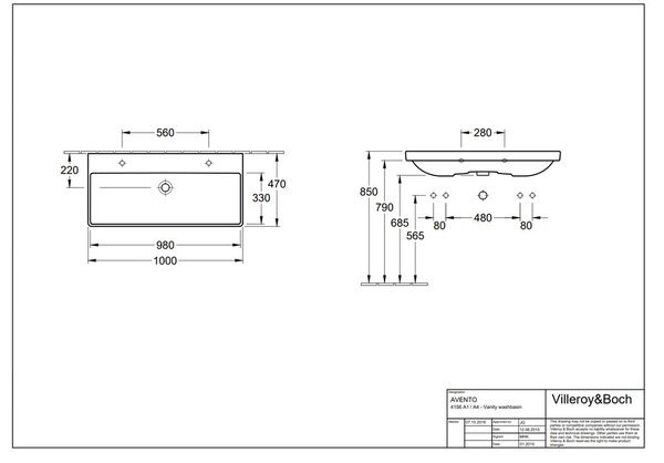 Villeroy & Boch Avento - Umývadlo na skrinku 1000x470mm, s prepadom, alpská biela 4156A401