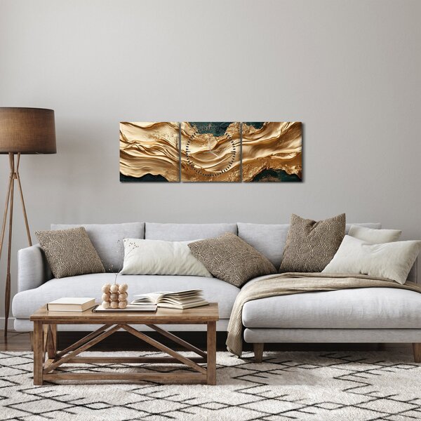 Obraz - Zelená abstrakcia so zlatom II. (s hodinami) (90x30 cm)