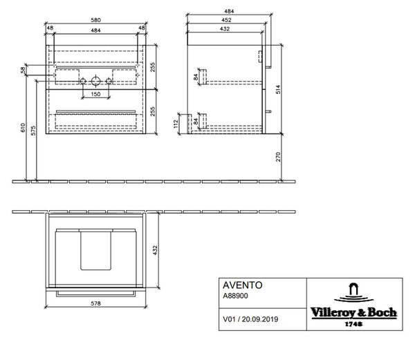 Villeroy & Boch AVENTO - Skrinka pod umývadlo 576x484 mm, 2 zásuvky, Crystal White A88900B4