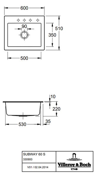 Villeroy & Boch Subway 60 S - Keramický vstavaný drez 600x510 mm, alpská biela CeramicPlus 330901R1
