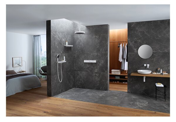 Hansgrohe Rainfinity - Nástenná prípojka hadice Porter 500 a polička PRAVÁ, matná biela 26858700