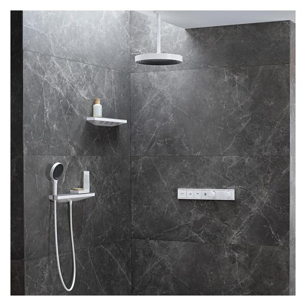 Hansgrohe Rainfinity - Nástenná prípojka hadice Porter 500 a polička PRAVÁ, matná biela 26858700