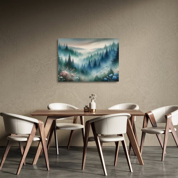 Sklenený obraz - Lesná krajina s hmlou (70x50 cm)