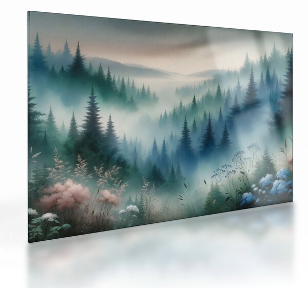 Sklenený obraz - Lesná krajina s hmlou (70x50 cm)
