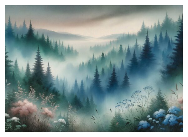 Sklenený obraz - Lesná krajina s hmlou (70x50 cm)