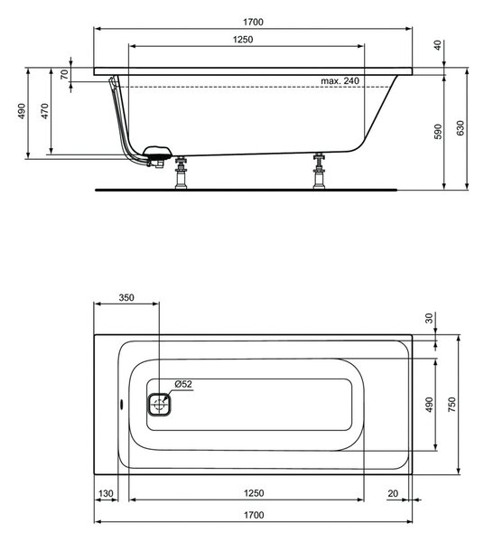 Ideal Standard Tonic II - Vaňa 1700x750 mm, s prepadom, biela E397201
