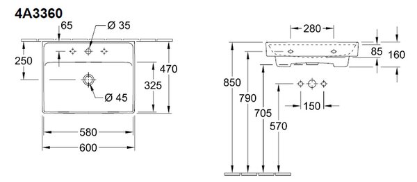 Villeroy & Boch Collaro - Umývadlo 600x470mm s prepadom, alpská biela 4A336001