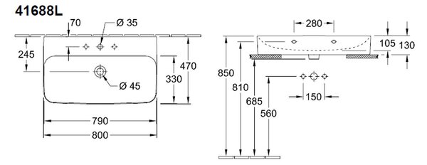 Villeroy & Boch Finion - Umývadlo 800x470 mm, brúsené bez prepadu, alpská biela CeramicPlus 41688LR1