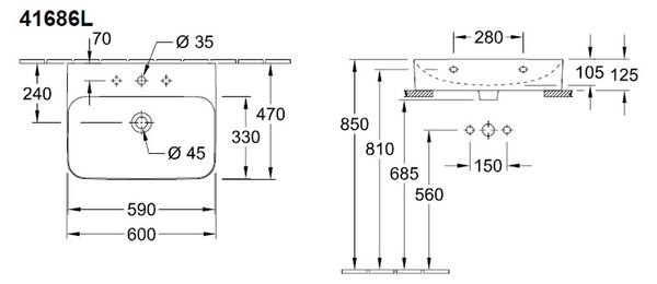 Villeroy & Boch Finion - Umývadlo 600x470 mm, brúsené bez prepadu, alpská biela CeramicPlus 41686LR1