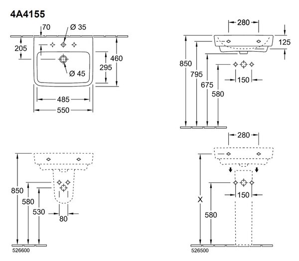 Villeroy & Boch O.novo - Umývadlo 550x460 mm, s prepadom, alpská biela 4A415501