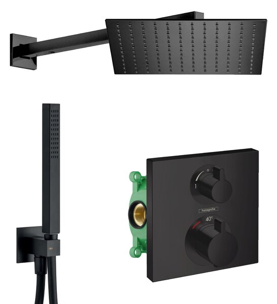 HG SET Ecostat Black - Sprchový systém pod omietku, Ecostat Square, termostatická batéria - kompletná sada, čierna matná