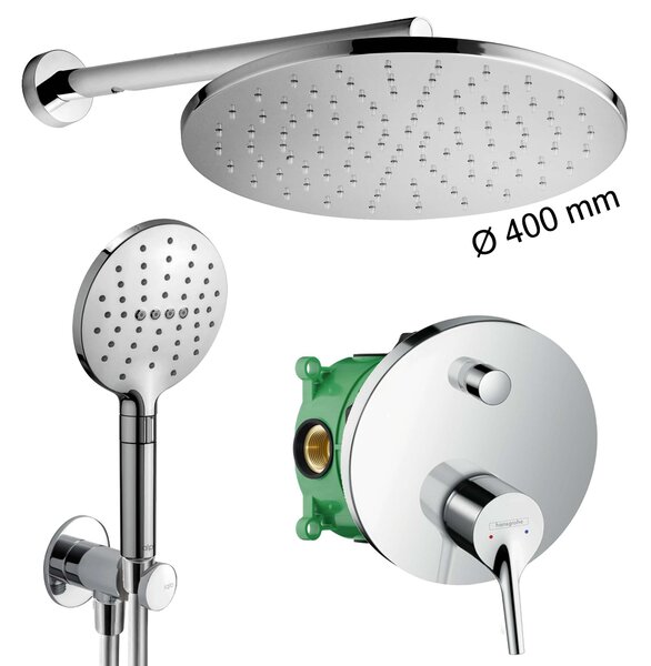 HG SET Jumbo - Sprchový systém pod omietku, Ø 400mm, 3 prúdy, páková batéria - kompletná sada, chróm