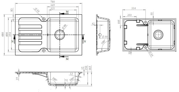 Vima 910 - Granitový drez s odkvapkávacou plochou 780x480x165mm, tmavý grafit matný