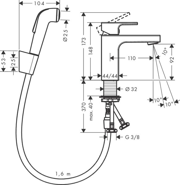 Hansgrohe Vernis Shape - Umývadlová batéria 100 s ručnou sprchou Bidette a sprchovou hadicou 160 cm, chróm 71216000