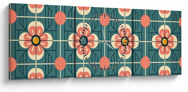 Obraz - Retro vzor s kvetmi (s hodinami) (90x30 cm)