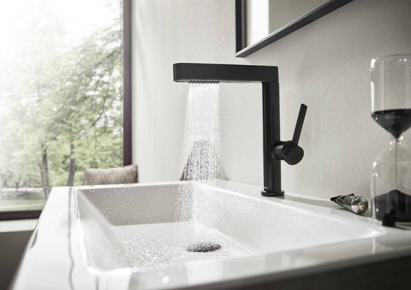 Hansgrohe Finoris - Páková umývadlová batéria 230 s vyťahovateľnou sprškou, 2jet a odtokovou súpravou Push-Open, čierna matná 76063670