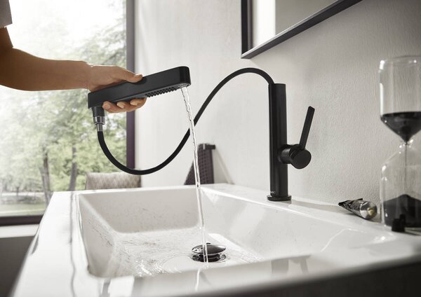Hansgrohe Finoris - Páková umývadlová batéria 230 s vyťahovateľnou sprškou, 2jet a odtokovou súpravou Push-Open, čierna matná 76063670