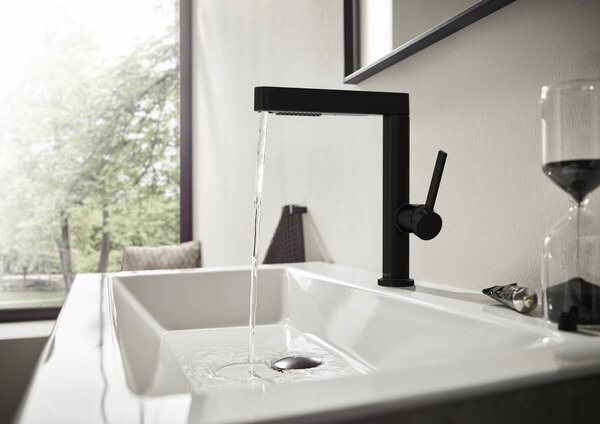 Hansgrohe Finoris - Páková umývadlová batéria 230 s vyťahovateľnou sprškou, 2jet a odtokovou súpravou Push-Open, čierna matná 76063670