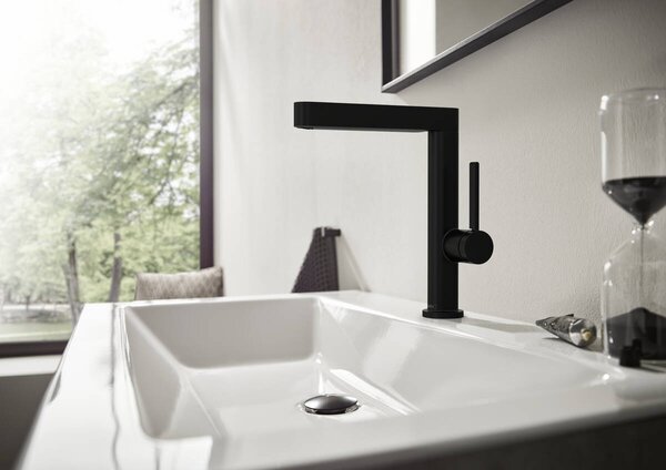 Hansgrohe Finoris - Páková umývadlová batéria 230 s otočným výtokom a odtokovou súpravou Push-Open, čierna matná 76060670